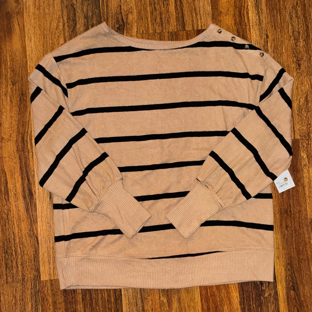 Sonoma Goods for Life Women 0X Tan Black Striped Button Shoulder Top NWT